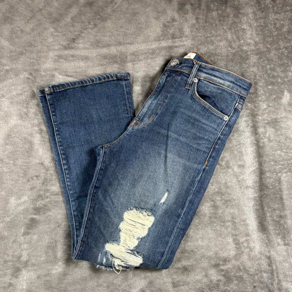 Hudson Womens brix  high Rise cropped Flare Distressed Jeans Medium Wash Blue 27